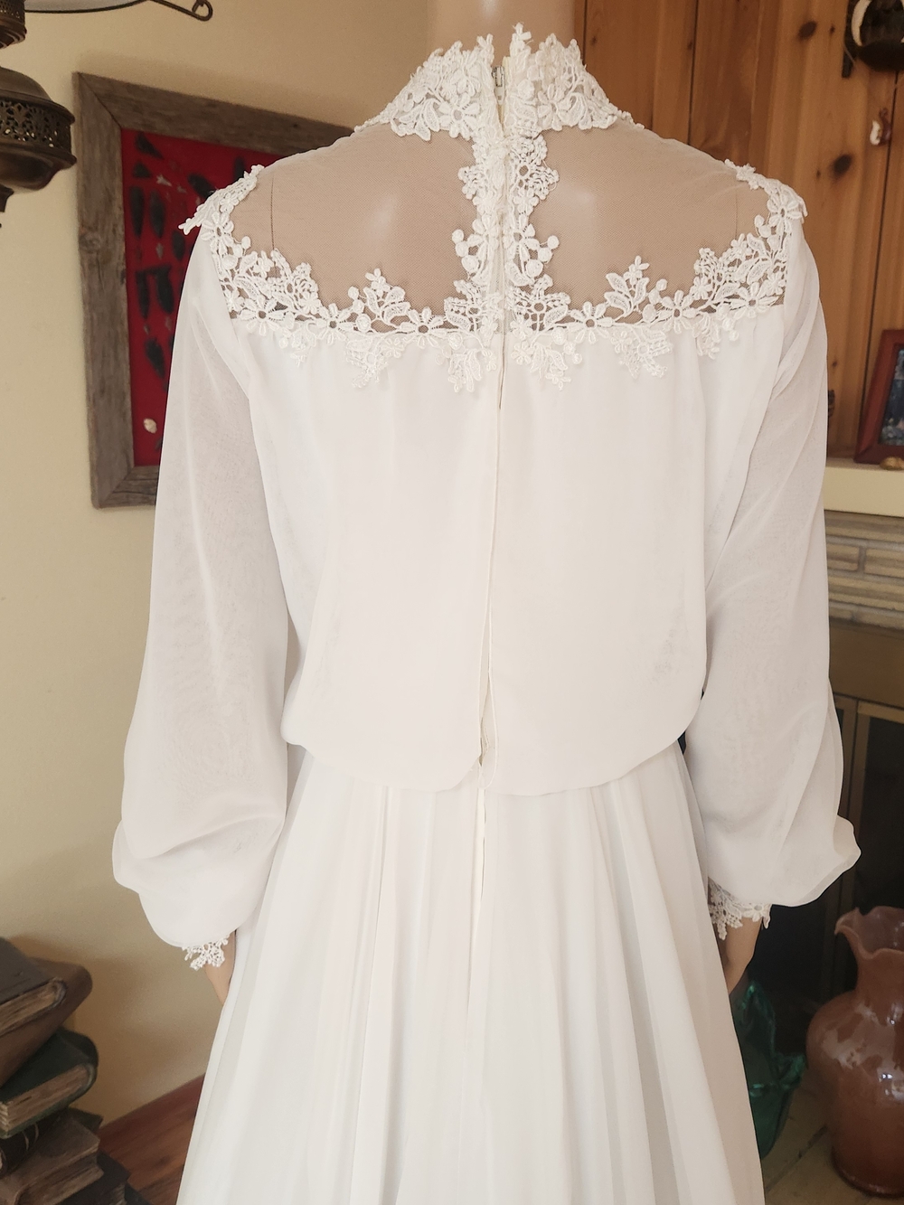 Vintage 1970s Boho Lace Wedding Gown & Juliet Cap Set | ILGWU Made - Picture 6 of 16